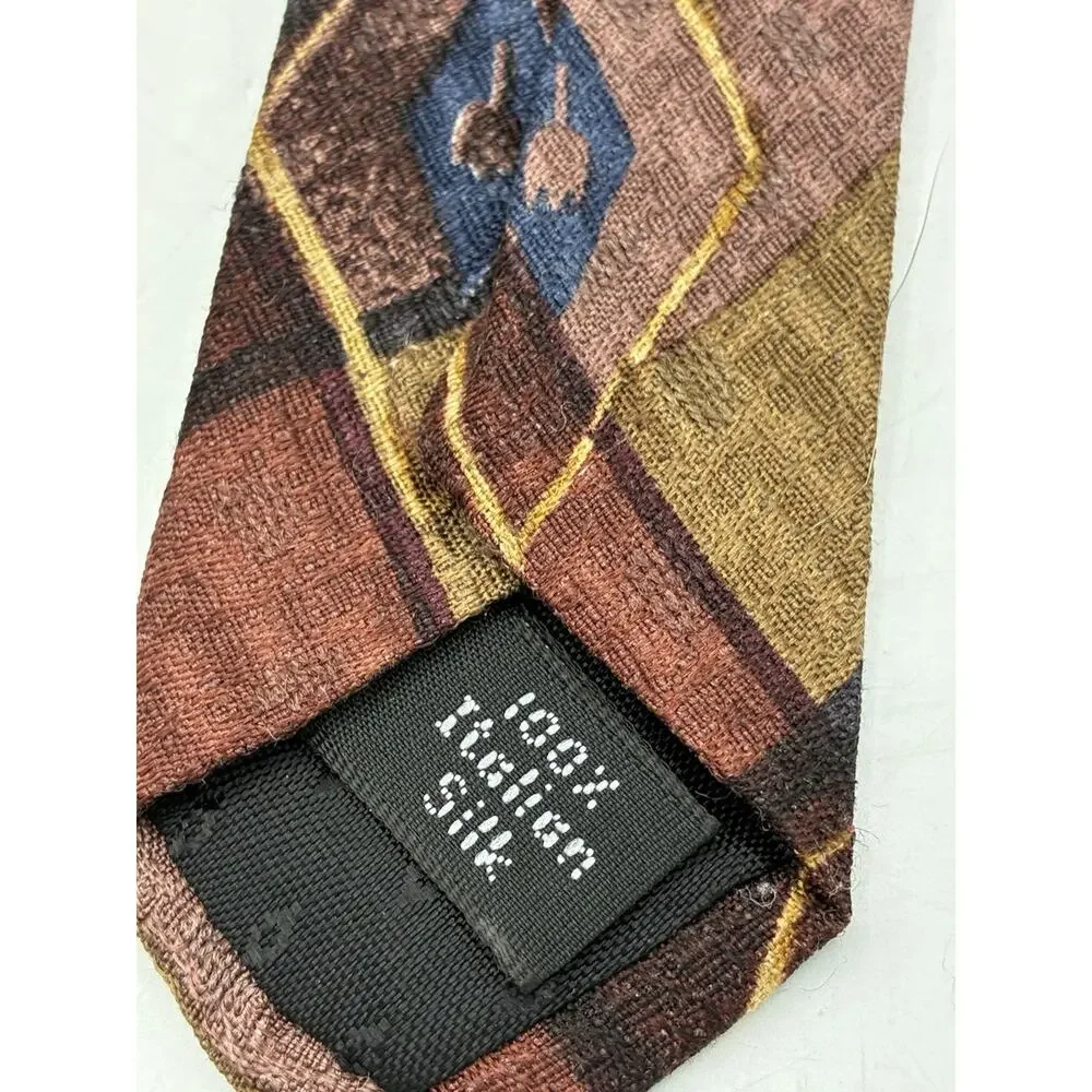 Vintage Bugatti Italian Silk Necktie Brown Geometric Abstract Mens Tie